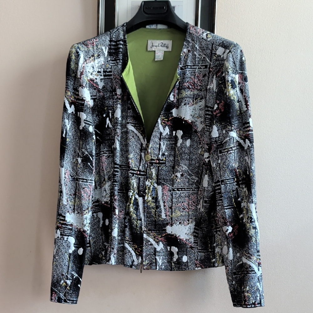 Joseph Ribkoff Vintage Black Abstract Print Bomber Jacket